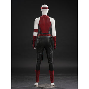 Elektra cosplay costume traces the back of the textured bodysuit with red panels and black faux leather leg guards.