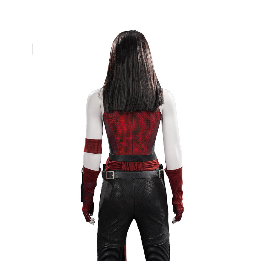 Elektra cosplay costume frames the back view with a red textured bodice and a black faux leather waist belt and sash.