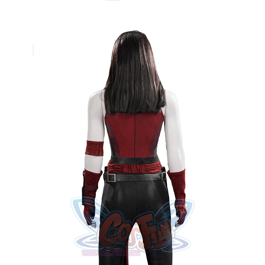 Elektra cosplay costume frames the back view with a red textured bodice and a black faux leather waist belt and sash.