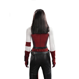 Elektra cosplay costume frames the back view with a red textured bodice and a black faux leather waist belt and sash.