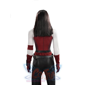 Elektra cosplay costume frames the back view with a red textured bodice and a black faux leather waist belt and sash.