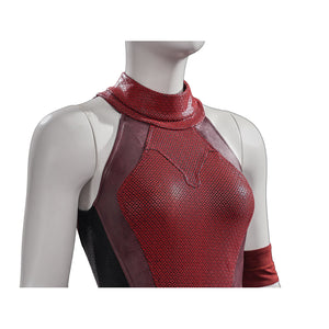 Elektra cosplay costume frames the torso with textured red fabric and dark faux leather panels around the high collar.