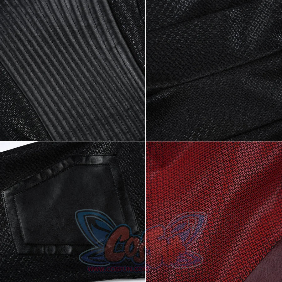 Elektra cosplay costume layers ribbed faux leather with textured black and red patterned fabrics to create the suit design.