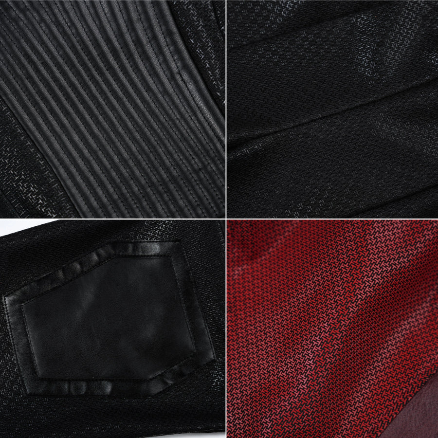 Elektra cosplay costume layers ribbed faux leather with textured black and red patterned fabrics to create the suit design.
