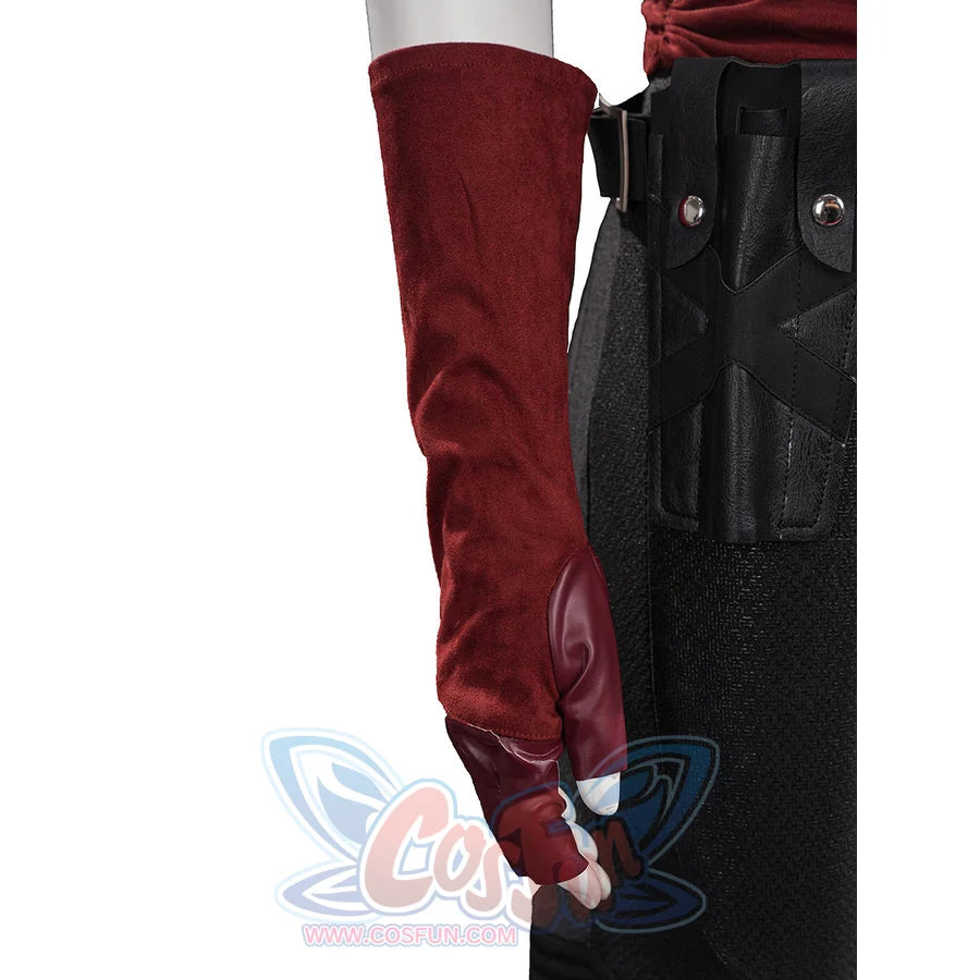 Elektra cosplay costume frames a textured red suede-like arm glove alongside a detailed black faux leather holster belt.