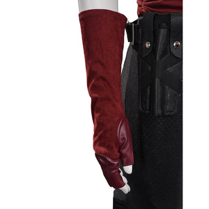 Elektra cosplay costume frames a textured red suede-like arm glove alongside a detailed black faux leather holster belt.