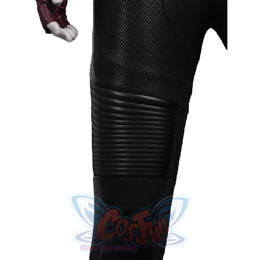 Elektra cosplay costume curves around the leg guard with quilted faux leather panels and durable printed stretch fabric.