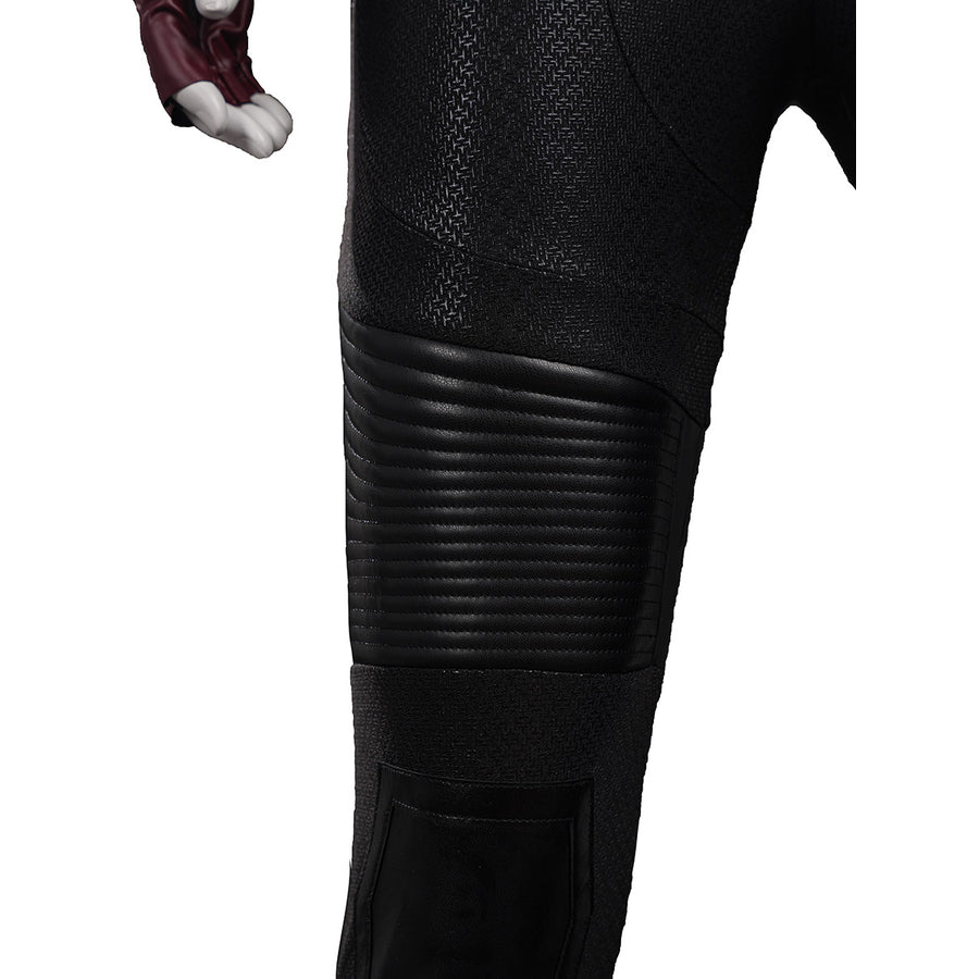 Elektra cosplay costume curves around the leg guard with quilted faux leather panels and durable printed stretch fabric.