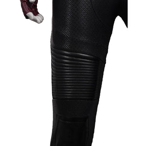 Elektra cosplay costume curves around the leg guard with quilted faux leather panels and durable printed stretch fabric.