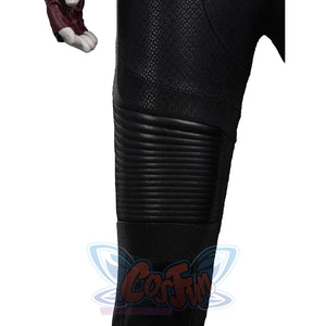 Elektra cosplay costume curves around the leg guard with quilted faux leather panels and durable printed stretch fabric.