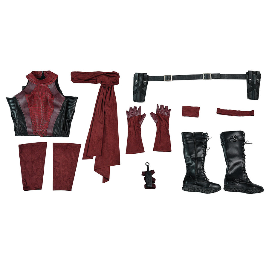 Elektra cosplay costume gathers the red bodysuit with textured faux leather components and lace-up boots for a complete set.