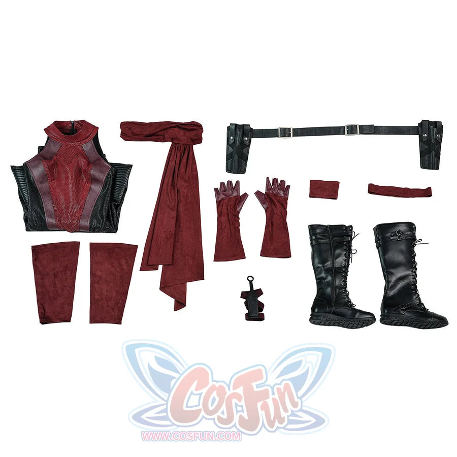 Elektra cosplay costume gathers the red bodysuit with textured faux leather components and lace-up boots for a complete set.