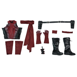 Elektra cosplay costume gathers the red bodysuit with textured faux leather components and lace-up boots for a complete set.