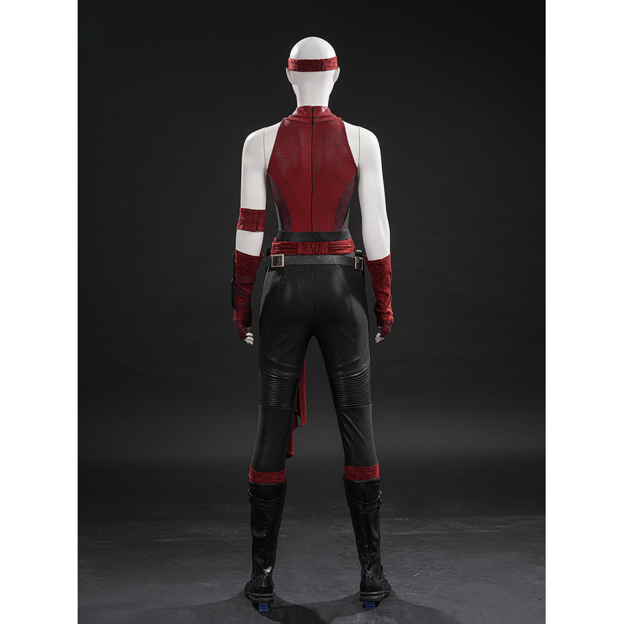 Elektra cosplay costume gathers the red bodysuit details including the faux leather belt and arm sheath strap from behind.
