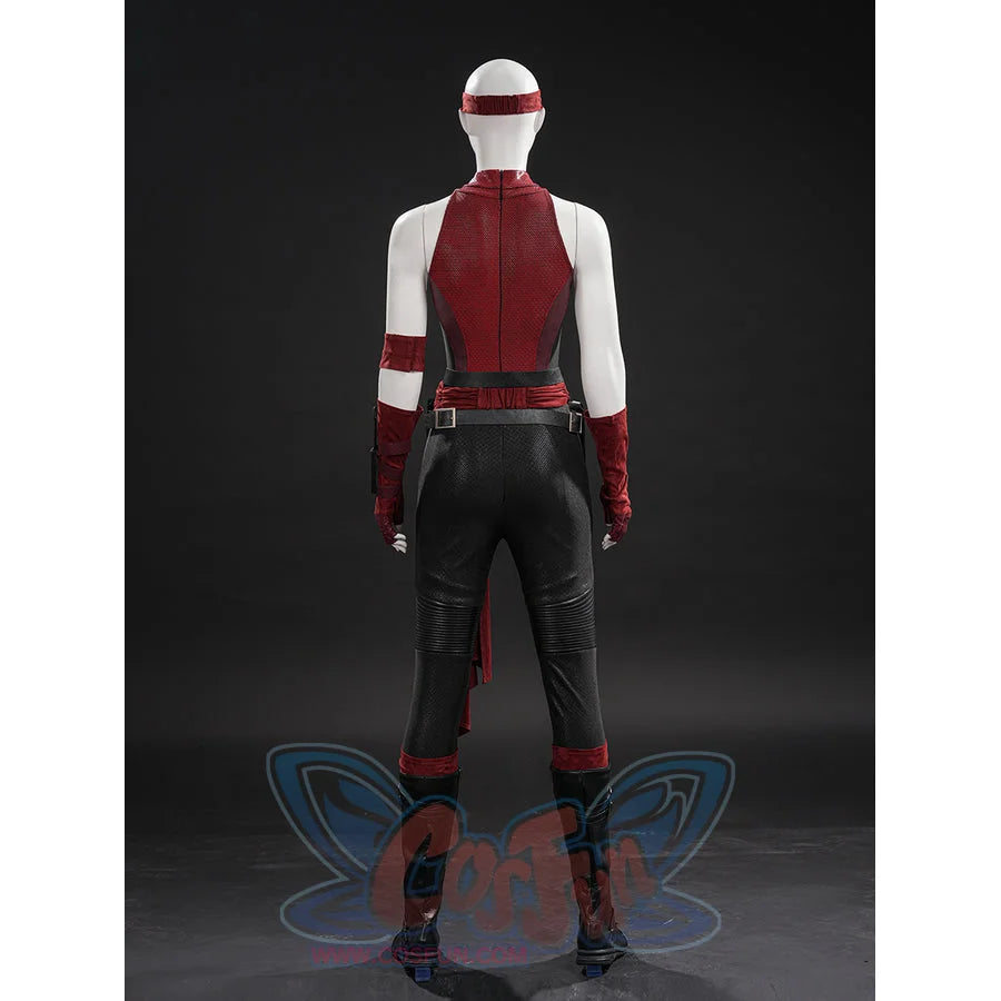 Elektra cosplay costume gathers the red bodysuit details including the faux leather belt and arm sheath strap from behind.