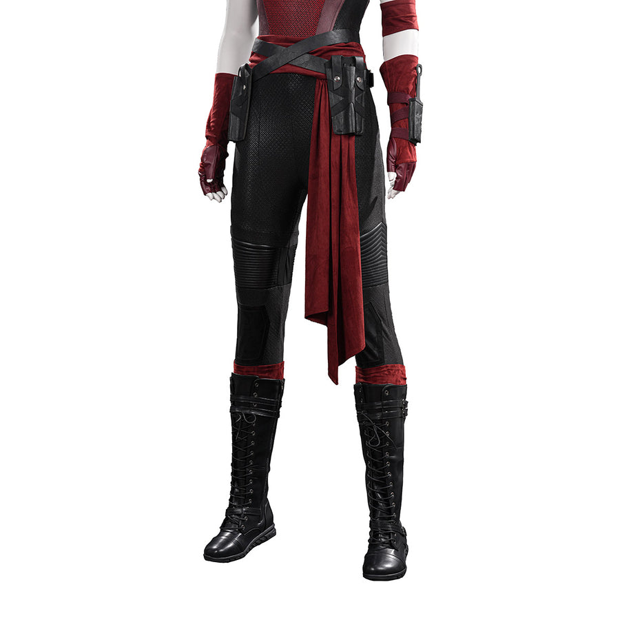 Elektra cosplay costume gathers black textured pants with a red fabric sash and faux leather holsters over tall boots.