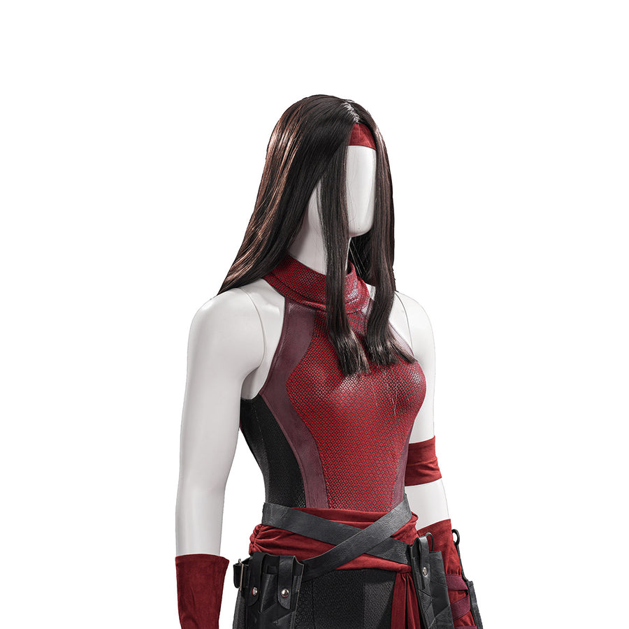 Elektra cosplay costume gathers the red textured bodysuit with a matching headband and black waist sash for a sleek look.
