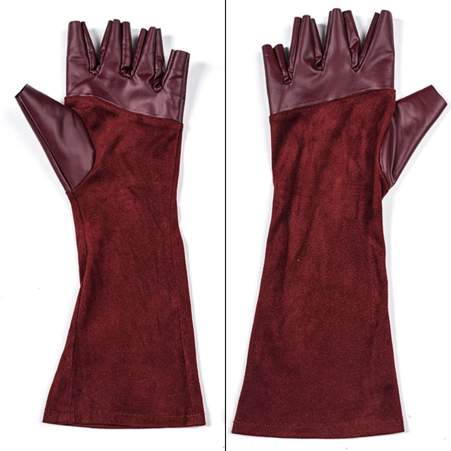 Elektra cosplay costume pairs long fingerless gloves crafted from soft faux leather and suede-like fabric for the arms.