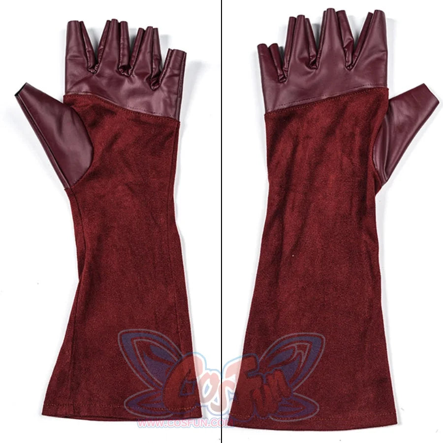 Elektra cosplay costume pairs long fingerless gloves crafted from soft faux leather and suede-like fabric for the arms.