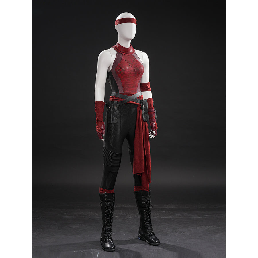 Elektra cosplay costume layers red stretch fabric bodysuit with faux leather belts gloves and matching leg guards.
