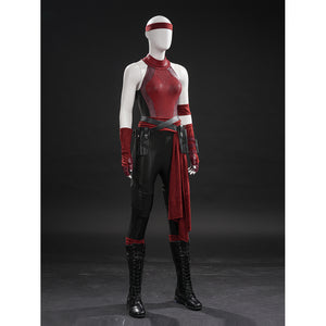 Elektra cosplay costume layers red stretch fabric bodysuit with faux leather belts gloves and matching leg guards.