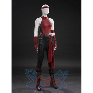 Elektra cosplay costume layers red stretch fabric bodysuit with faux leather belts gloves and matching leg guards.