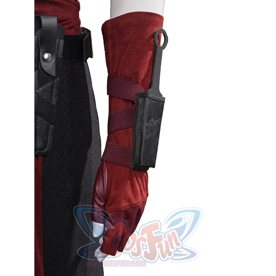 Elektra cosplay costume frames the red suede arm guard with a black faux leather sheath and matching fingerless gloves.