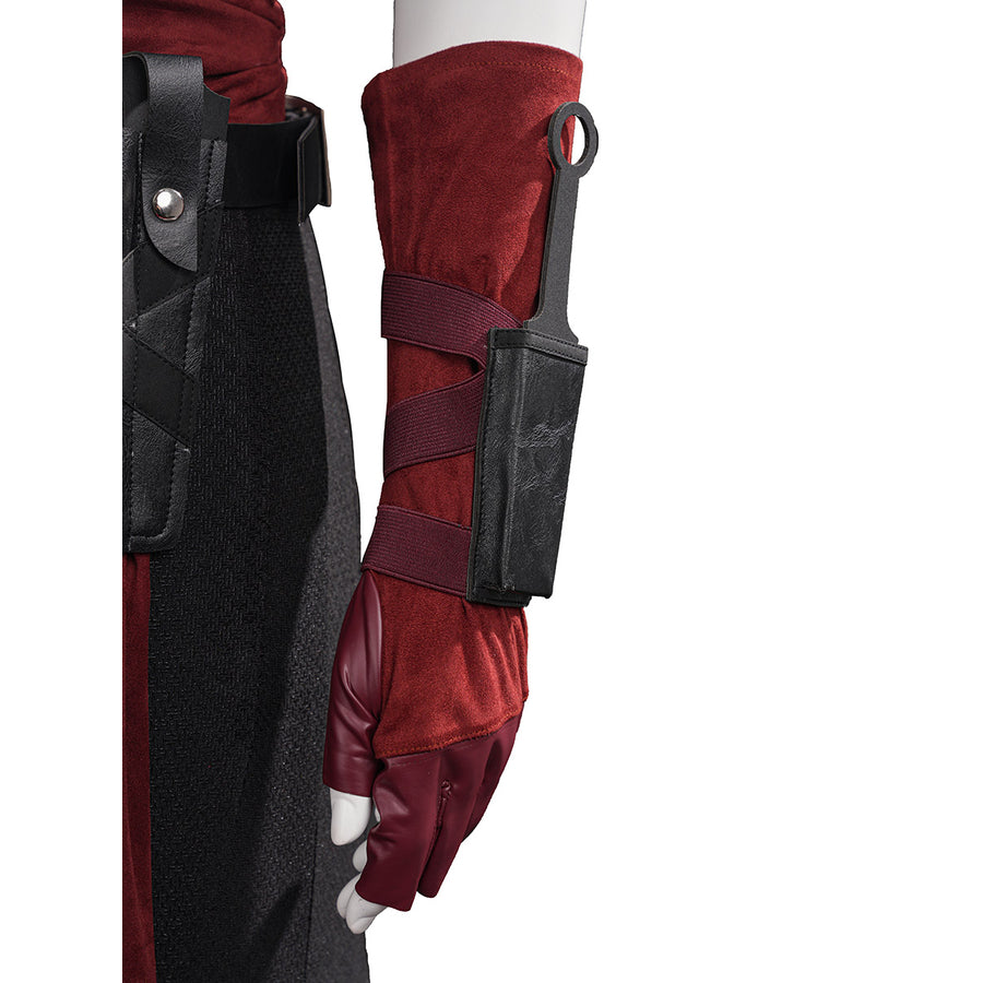 Elektra cosplay costume frames the red suede arm guard with a black faux leather sheath and matching fingerless gloves.