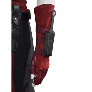 Elektra cosplay costume frames the red suede arm guard with a black faux leather sheath and matching fingerless gloves.