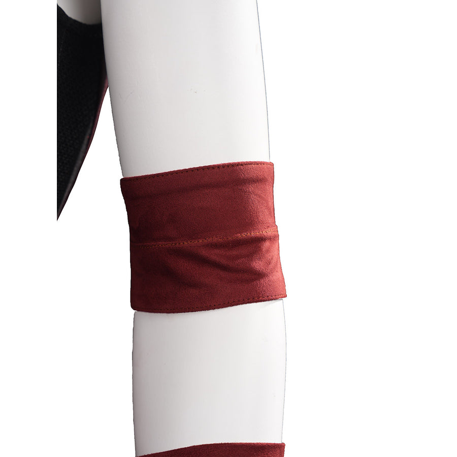 Elektra cosplay costume centers a red suede-like fabric armband that fits snugly around the upper arm of the wearer.