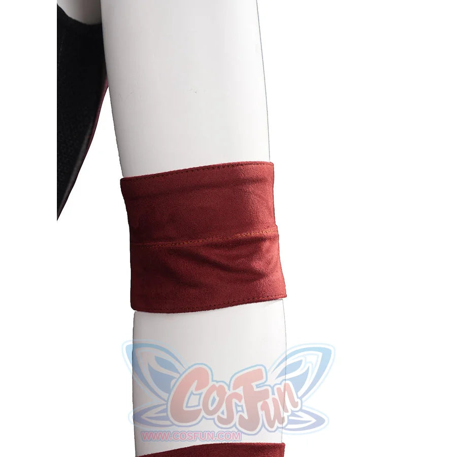 Elektra cosplay costume centers a red suede-like fabric armband that fits snugly around the upper arm of the wearer.