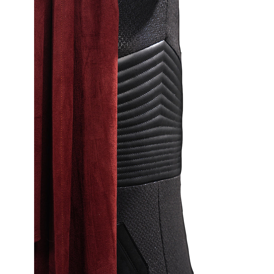 Elektra cosplay costume centers red suede-like fabric next to textured black faux leather with quilted chevron layers.
