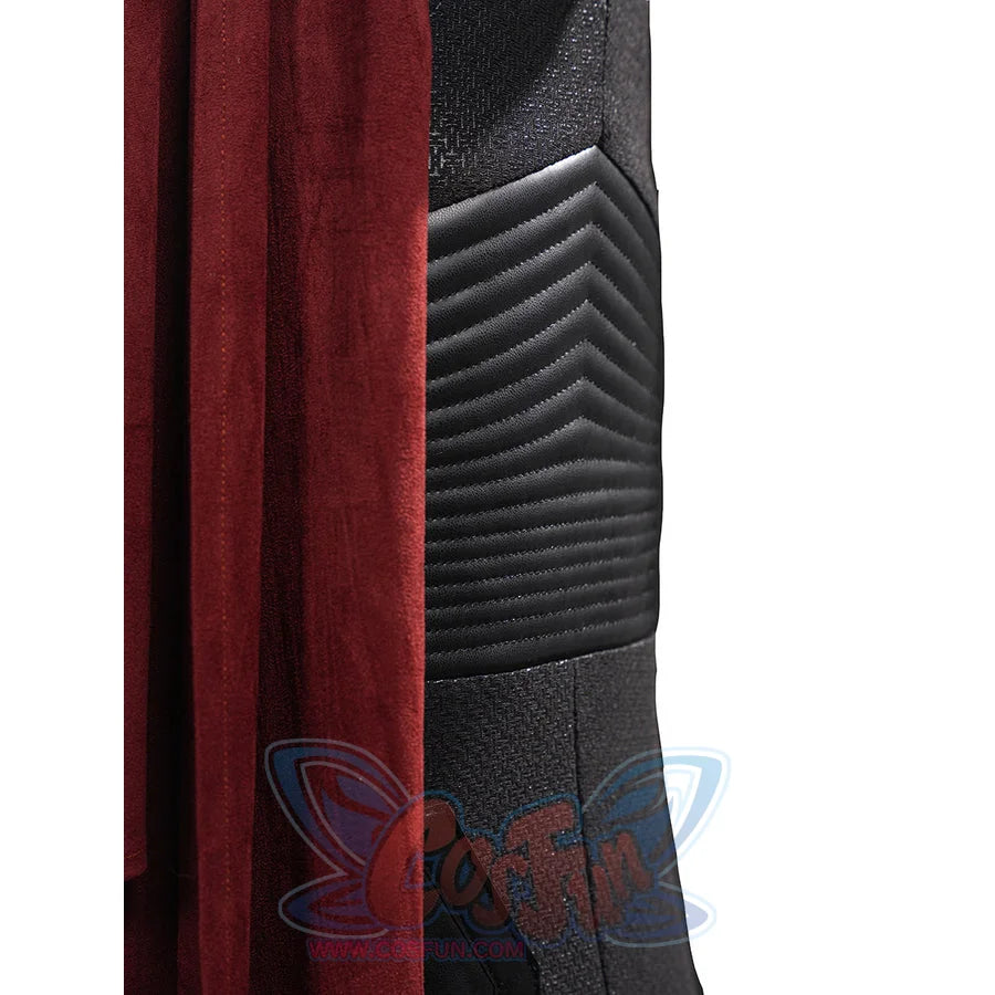 Elektra cosplay costume centers red suede-like fabric next to textured black faux leather with quilted chevron layers.