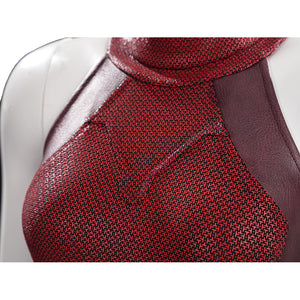 Elektra cosplay costume traces the intricate geometric patterns of the red printed stretch fabric bodice and faux leather.