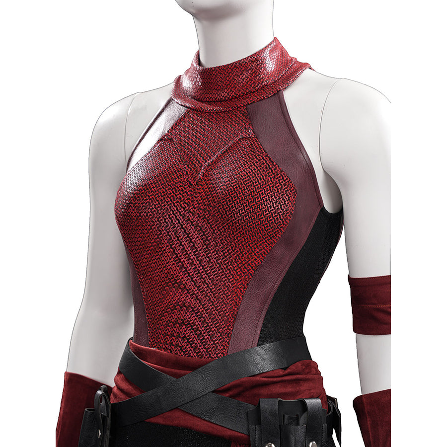 Elektra cosplay costume layers red printed stretch fabric with faux leather waist accents and matching arm sleeve details.