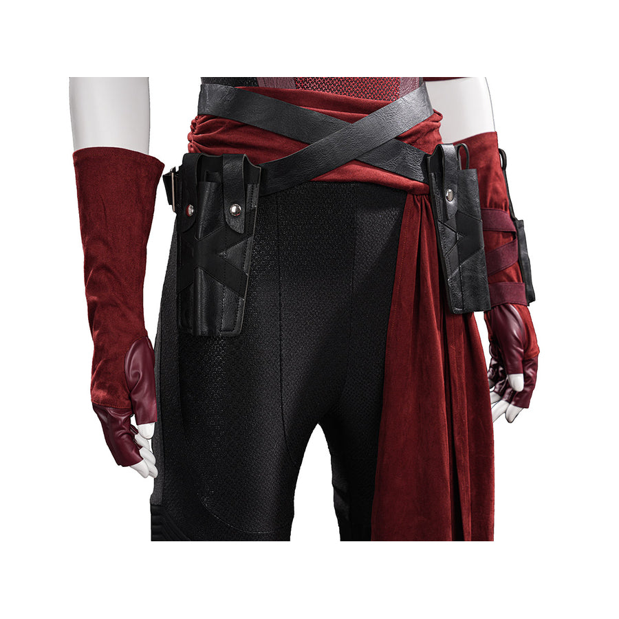 Elektra cosplay costume gathers the waist with a black faux leather belt and secures red suede-like gloves at the hips.