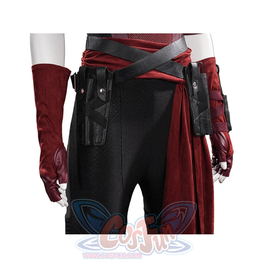 Elektra cosplay costume gathers the waist with a black faux leather belt and secures red suede-like gloves at the hips.