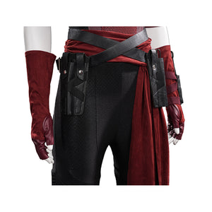 Elektra cosplay costume gathers the waist with a black faux leather belt and secures red suede-like gloves at the hips.