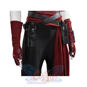 Elektra cosplay costume gathers the waist with a black faux leather belt and secures red suede-like gloves at the hips.