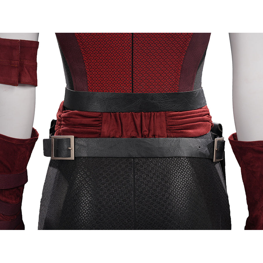 Elektra cosplay costume centers on a gathered red fabric sash layered between black faux leather belts and textured fabric.