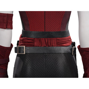 Elektra cosplay costume centers on a gathered red fabric sash layered between black faux leather belts and textured fabric.