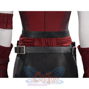 Elektra cosplay costume centers on a gathered red fabric sash layered between black faux leather belts and textured fabric.