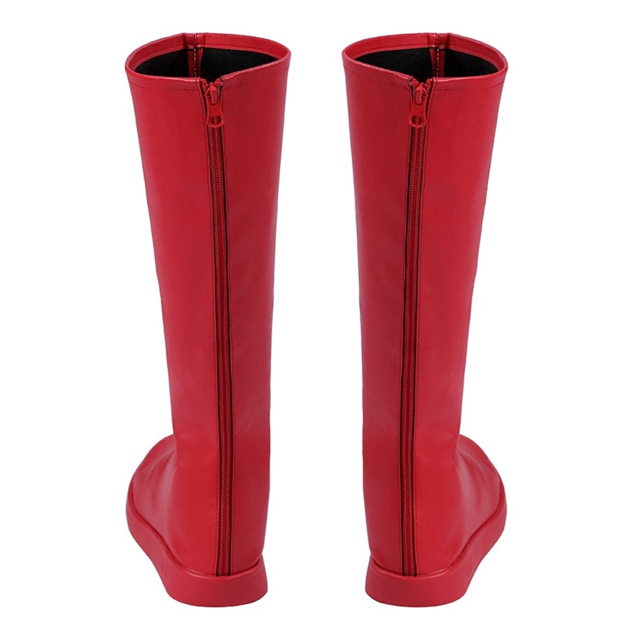 Elektra Natchios cosplay boots trace vertical back zippers along the center of the matte red knee high footwear profile.
