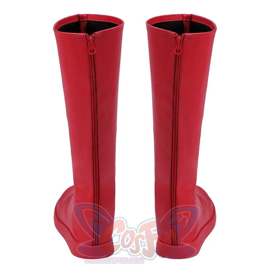 Elektra Natchios cosplay boots trace vertical back zippers along the center of the matte red knee high footwear profile.