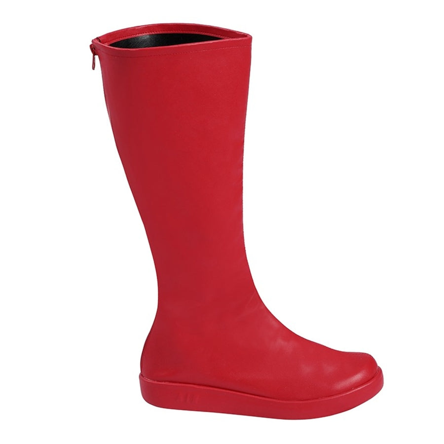 Elektra Natchios cosplay boots gather into a knee high silhouette that traces a sleek red matte finish beside a rear zipper.