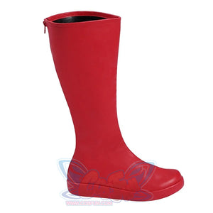 Elektra Natchios cosplay boots gather into a knee high silhouette that traces a sleek red matte finish beside a rear zipper.