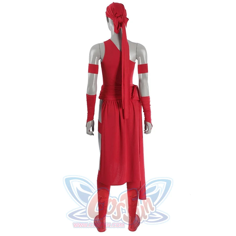 Elektra Natchios cosplay costume back view centers the vibrant red bodysuit wrap sleeves and matching knotted head scarf.