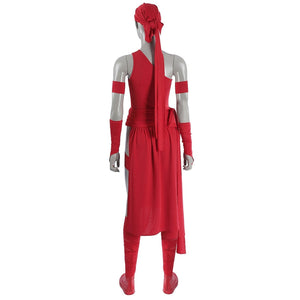 Elektra Natchios cosplay costume back view centers the vibrant red bodysuit wrap sleeves and matching knotted head scarf.