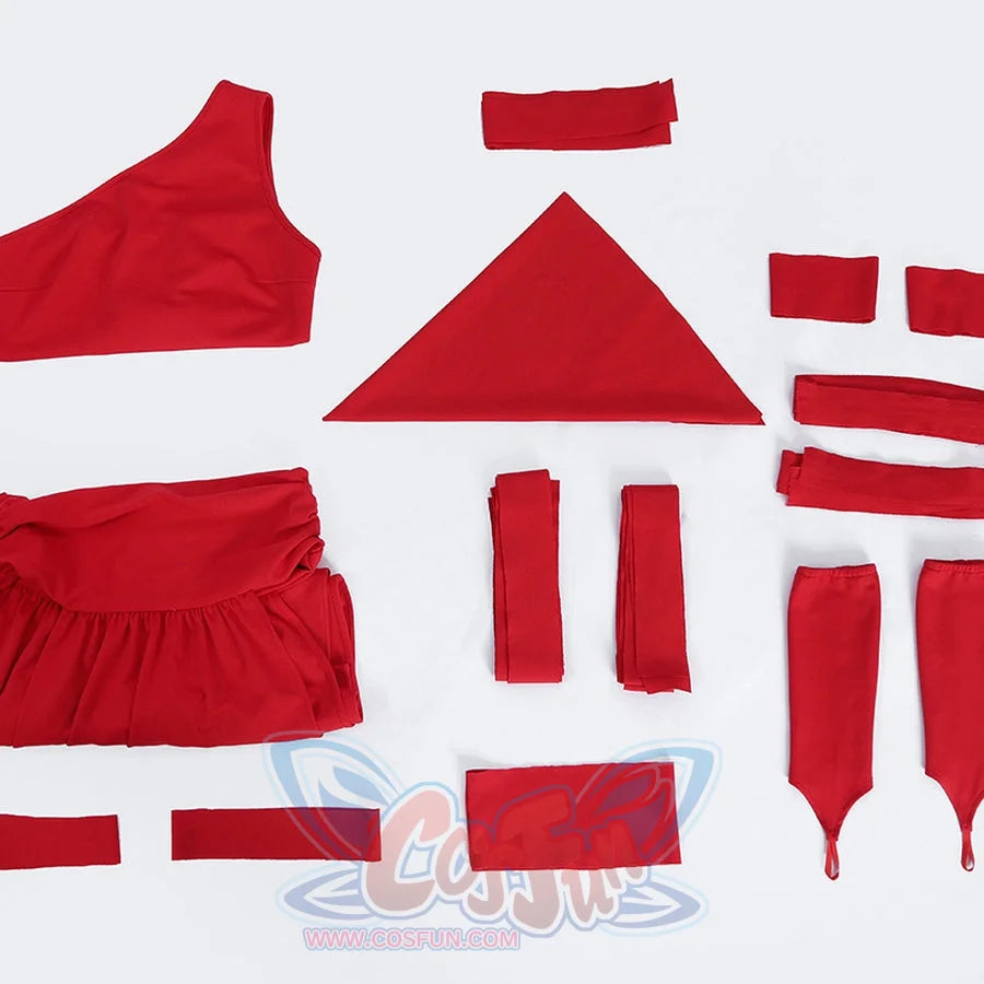Elektra Natchios cosplay costume lays out all red fabric pieces including the bodysuit waist wrap head scarf and arm sleeves.