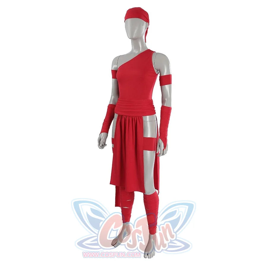 Elektra Natchios cosplay costume sets a red one-shoulder bodysuit into a waist wrap that gathers along matching arm sleeves.